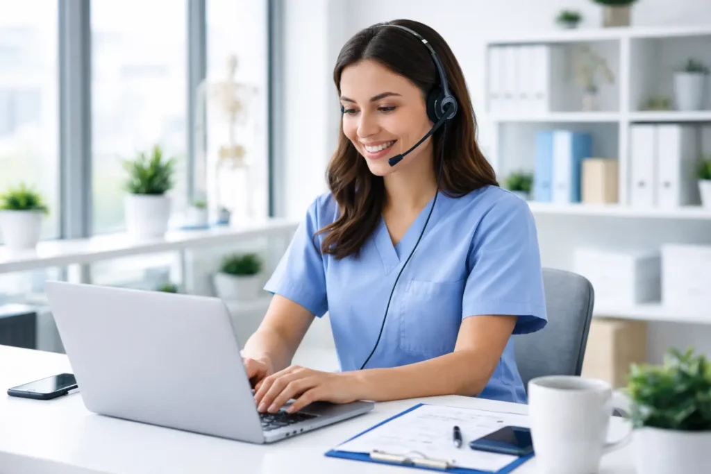 Healthcare virtual assistant typing on laptop in a modern office.